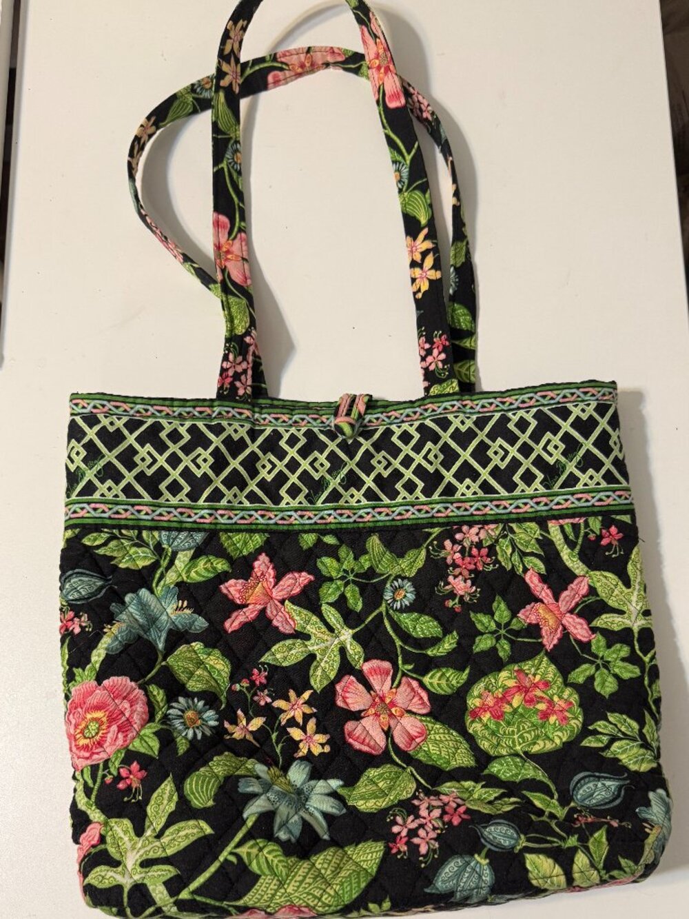 Vera Bradley Quilted Floral Tote Bag Black Pink Green Shoulder Purse
